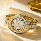 BELBI BELBL-8242 Live Edition Men's Iced Out Watch - Luxury Full Crystals Encrusted Roman Numerals Gold Dial Date Window Metal Band Hiphop Wristwatch