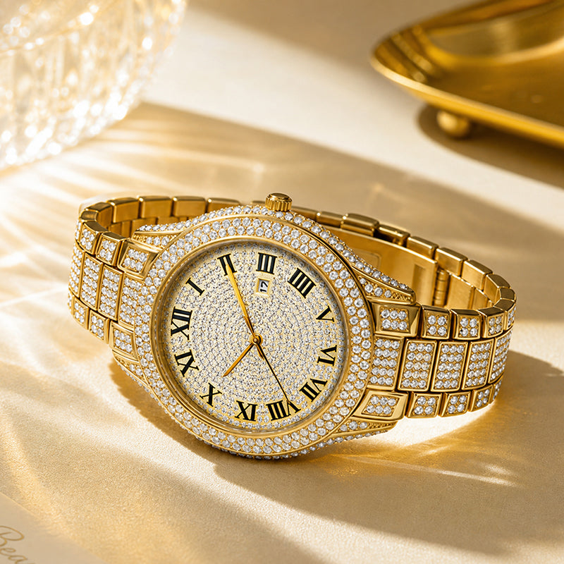 BELBI BELBL-8242 Live Edition Men's Iced Out Watch - Luxury Full Crystals Encrusted Roman Numerals Gold Dial Date Window Metal Band Hiphop Wristwatch