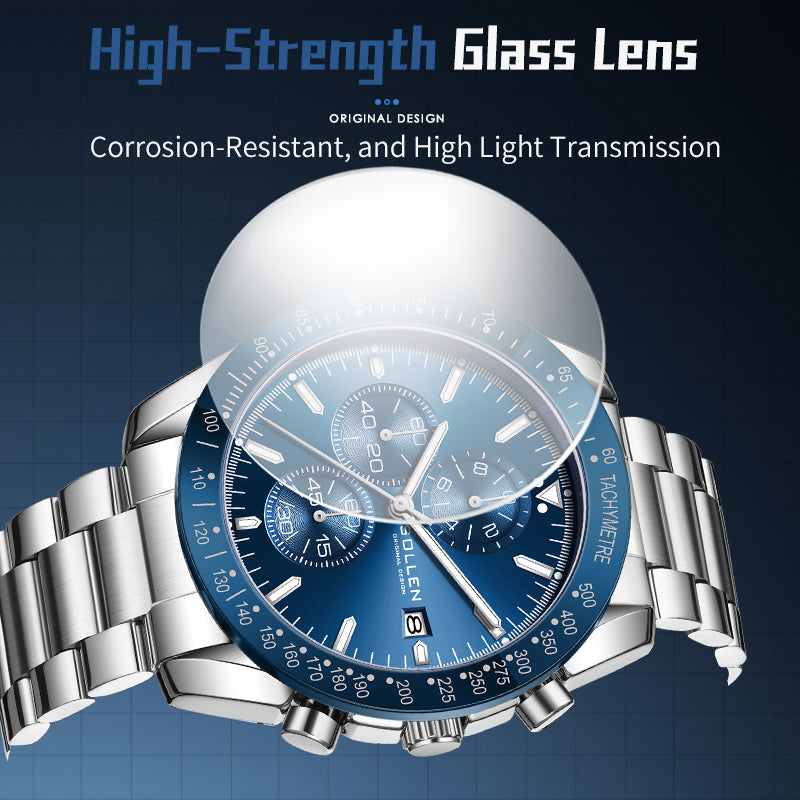 Sollen SL726 Chronograph Watch - Men's Multi-Function Stainless Steel Link Bracelet Wristwatch