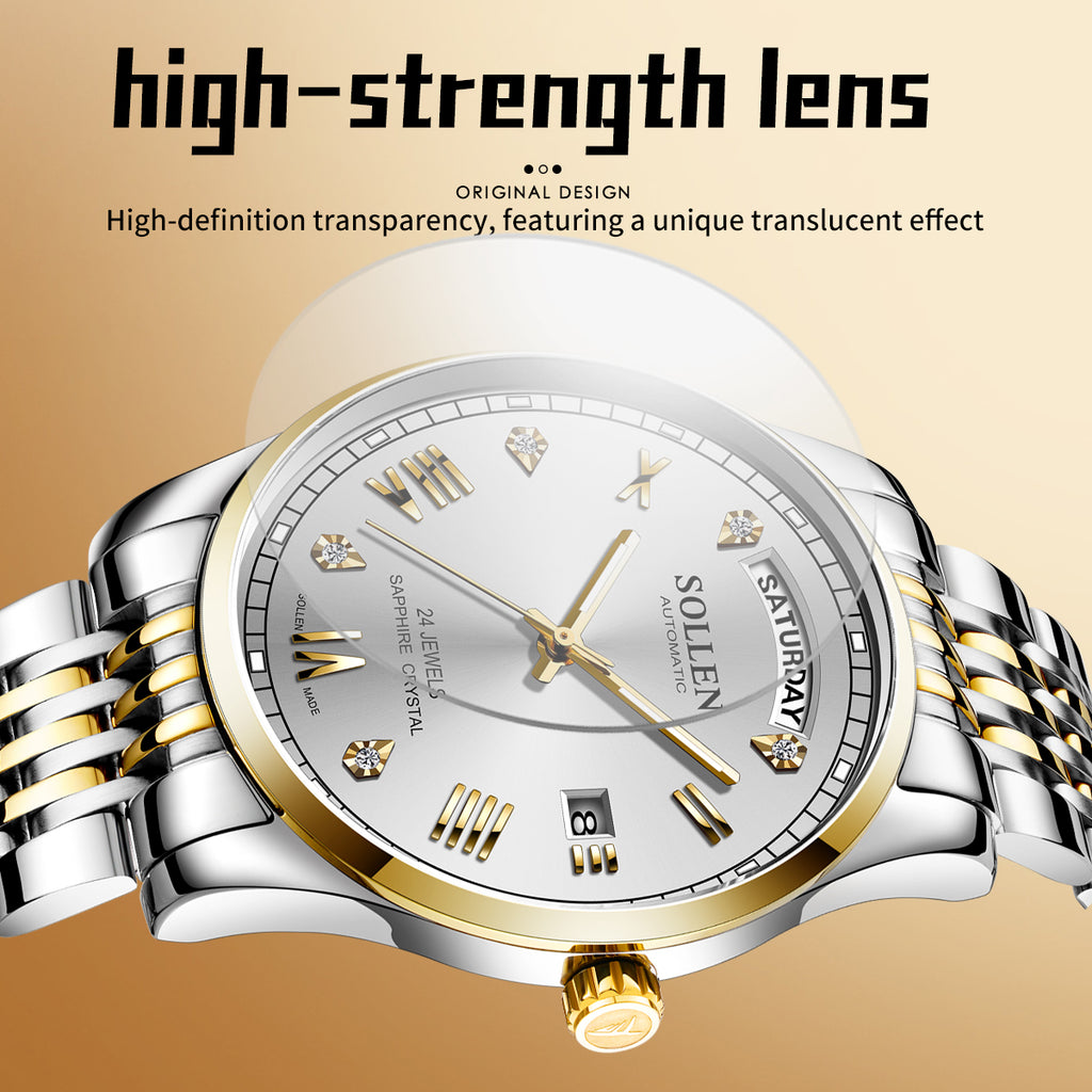 Sollen 9016 Automatic Watch - Men's Full Day Date Sunray Dial 9-Bead Stainless Steel Bracelet Wristwatch