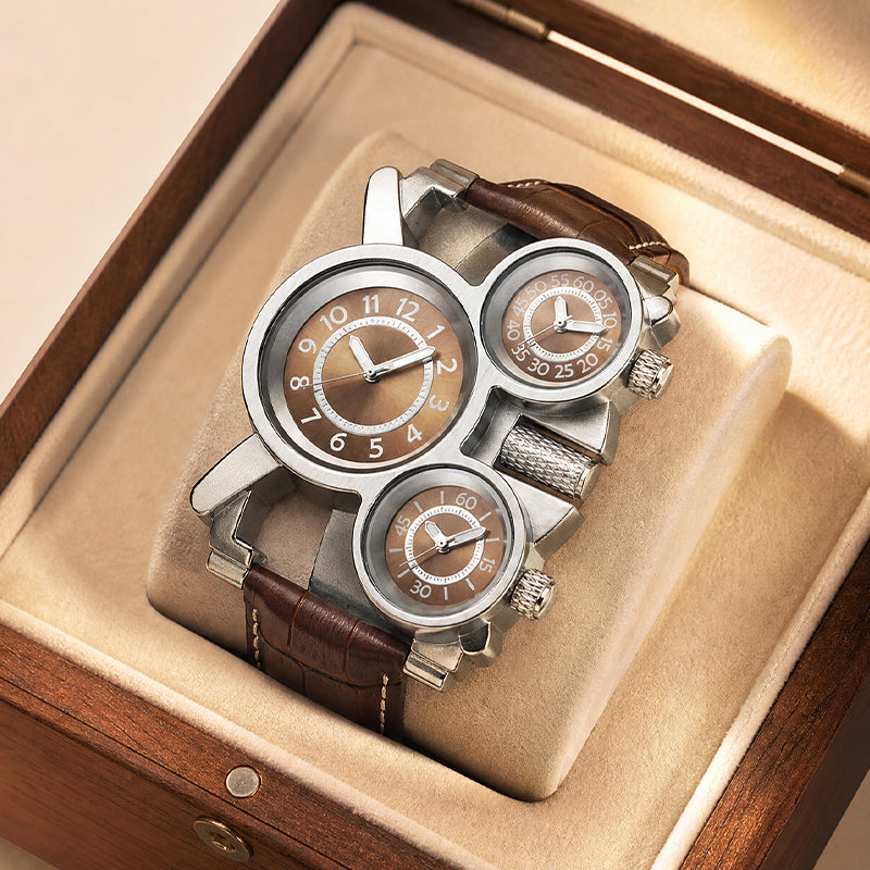 Oulm HP1167 Quartz Watch - Live Edition Men's Heavy Steampunk Triple Time Zone Industrial Silver Case Luminous Hands Leather Strap Tactical Wristwatch