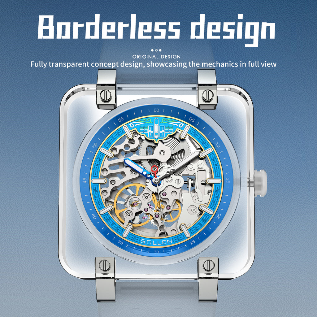 Sollen SL325 Men's Square Skeleton Automatic Mechanical Watch - 42mm Transparent K9 Crystal Case Open Heart Luminous Dial Liquid Silicone Strap Wristwatch