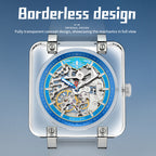 Sollen SL325 Men's Square Skeleton Automatic Mechanical Watch - 42mm Transparent K9 Crystal Case Open Heart Luminous Dial Liquid Silicone Strap Wristwatch