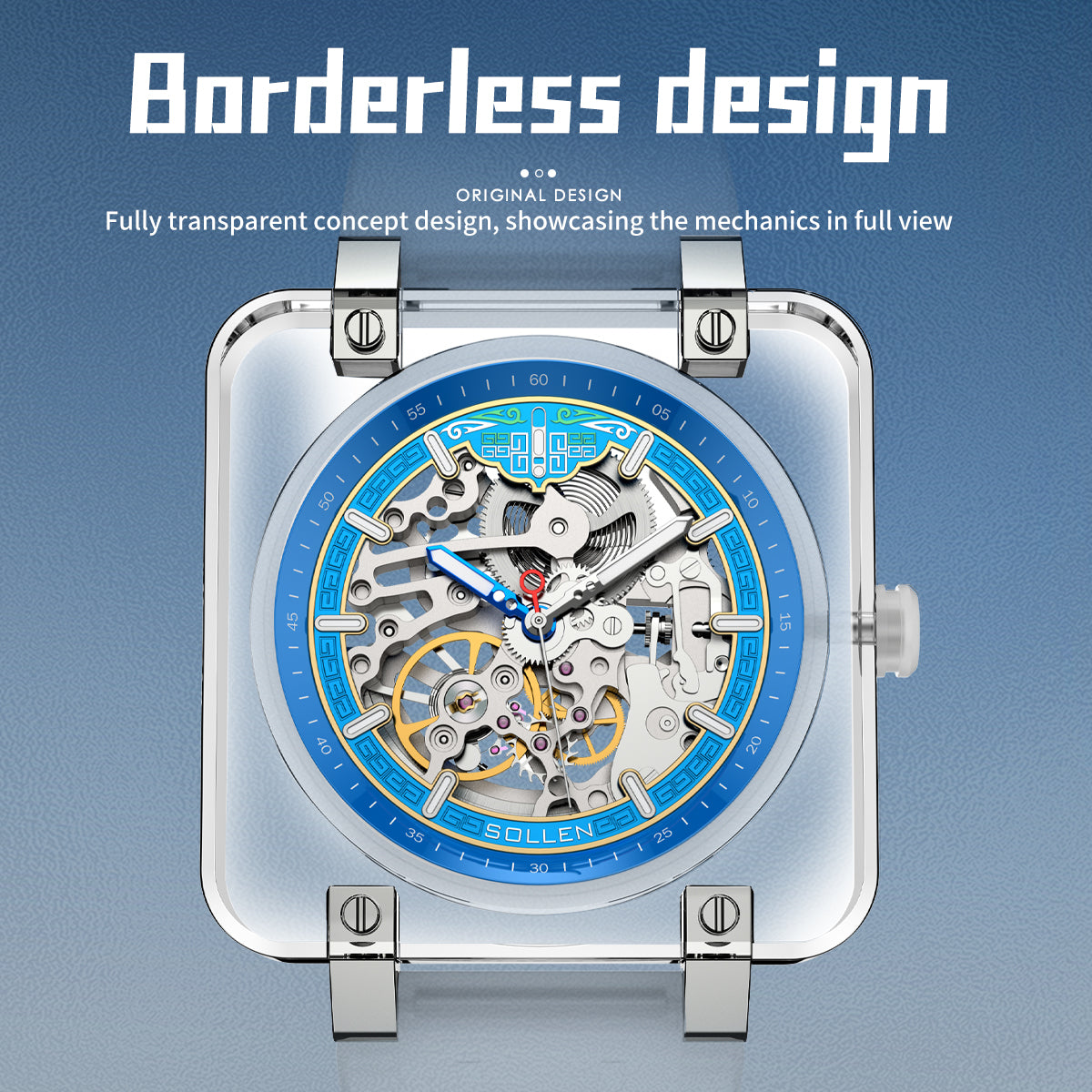 Sollen SL325 Men's Square Skeleton Automatic Mechanical Watch - 42mm Transparent K9 Crystal Case Open Heart Luminous Dial Liquid Silicone Strap Wristwatch