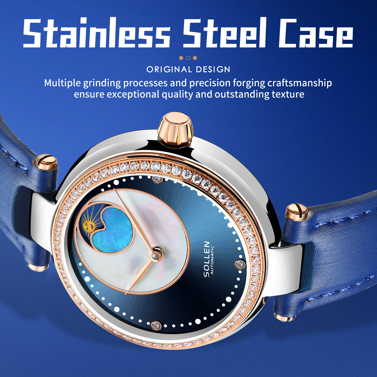 Sollen SL410 Women's Moon Phase Automatic Mechanical Watch - 32.5mm Crystal Bezel Mother of Pearl Dial Wristwatch