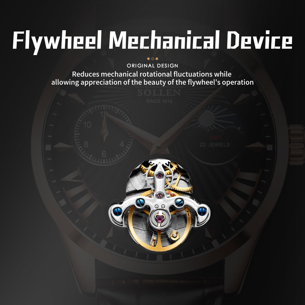 Sollen SL302 Men's Open Heart Automatic Mechanical Watch - 41mm Stainless Steel Case Moon Phase Dual Time Sunburst Dial Wristwatch