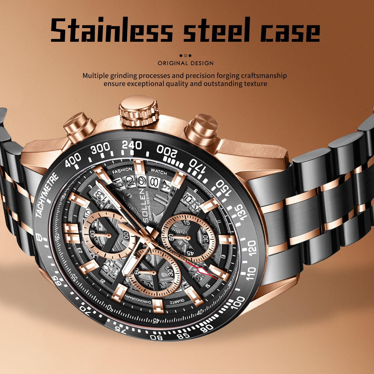 Sollen SL711 Chronograph Watch - Men's Two-Tone Stainless Steel Link Bracelet Open-Worked Seiko VD57 Wristwatch