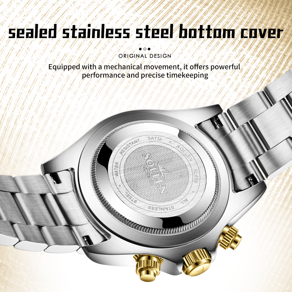 Sollen SL808 Multi-Function Watch - Men's Moonphase Sunray Dial Luminous Markers 3-Bead Stainless Steel Bracelet Wristwatch