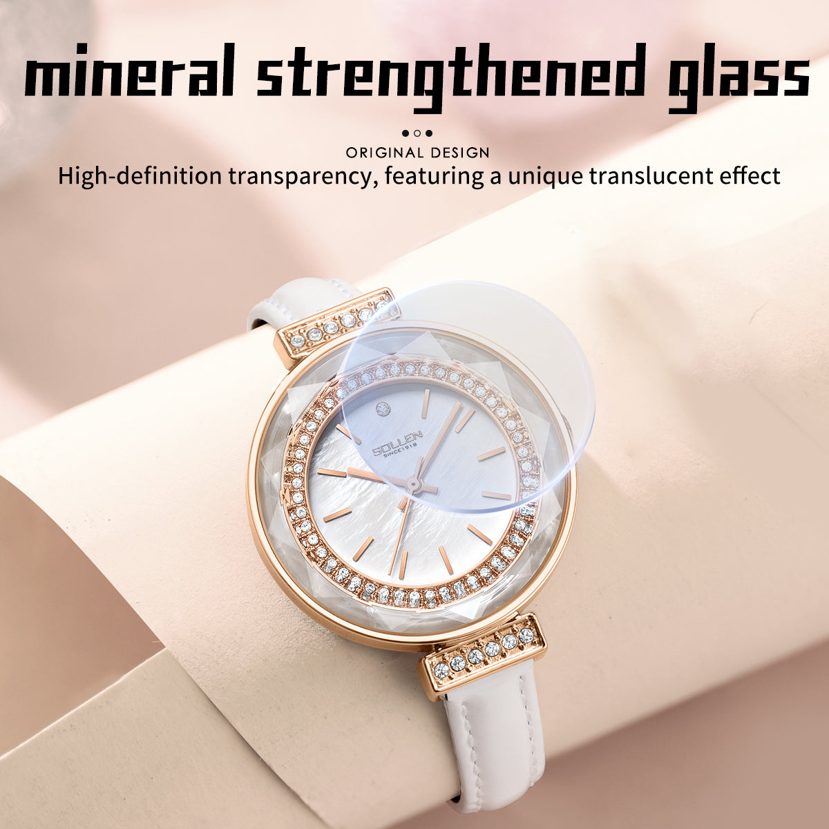 Sollen SL427 Women's Quartz Watch - 35mm Crystal Bezel Mother of Pearl Dial Swarovski Zirconia Genuine Leather Strap Wristwatch