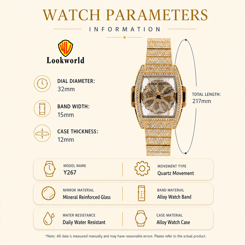 LOOK WORLD RKS267 Live Edition Men's Iced Out Watch - Luxury Full Crystals Encrusted Cushion Case Creative Rotating Spinning Dial Metal Band Hiphop Wristwatch