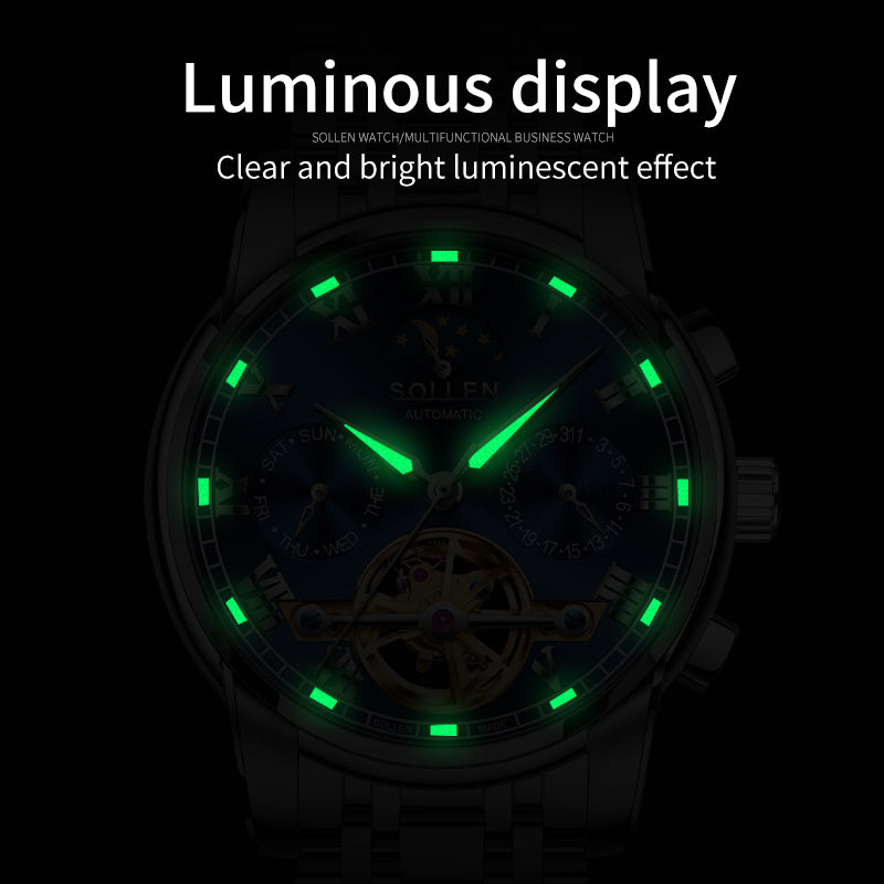 Sollen SL804 Multi-Function Watch - Men's Open-Heart Moonphase Sunburst Dial 7-Bead Stainless Steel Bracelet Wristwatch