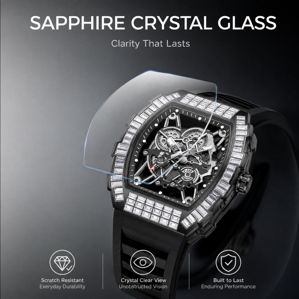 JEMSDUN JSD2406 Live Edition Men's High-Street Quartz Watch - 51x44mm Silver Case Baguette Crystal Bezel Mechanical Skeleton Dial Silicone Strap Wristwatch