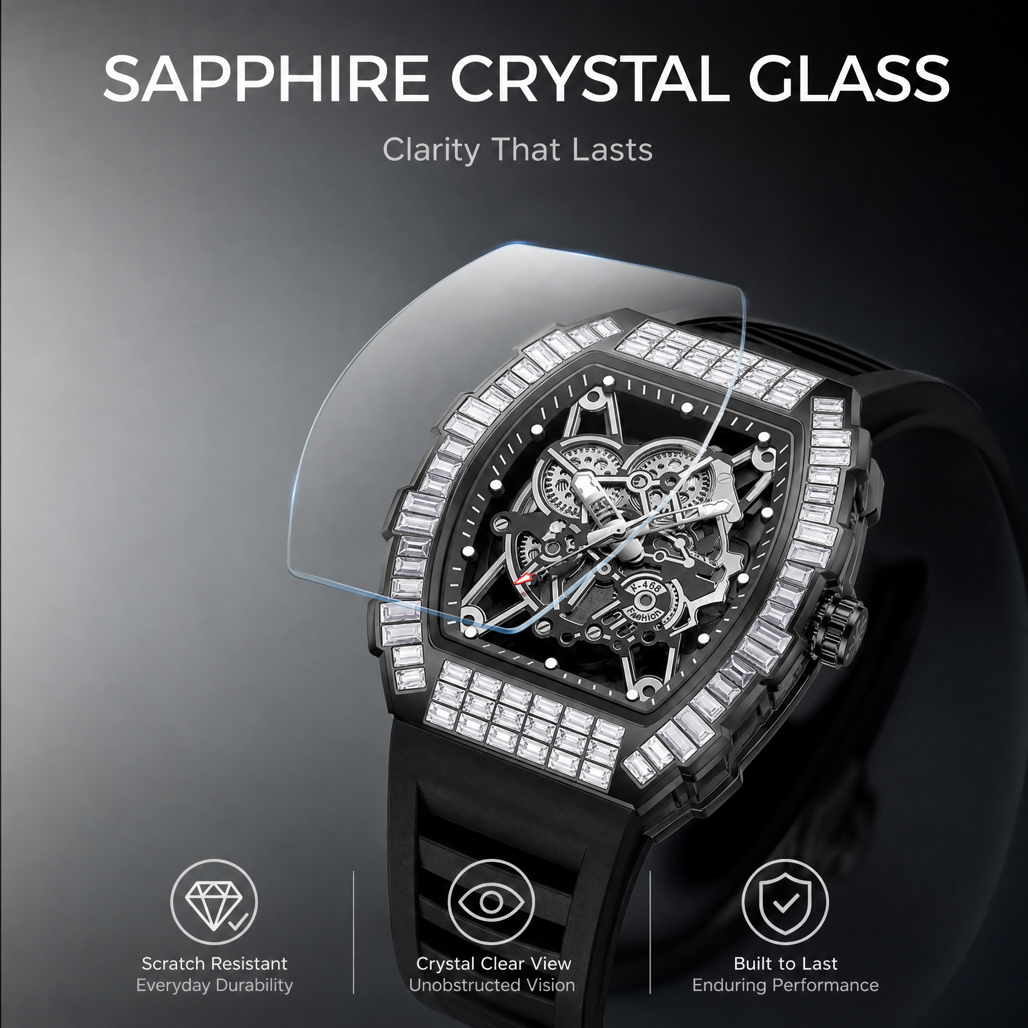 JEMSDUN JSD2406 Live Edition Men's High-Street Quartz Watch - 51x44mm Silver Case Baguette Crystal Bezel Mechanical Skeleton Dial Silicone Strap Wristwatch