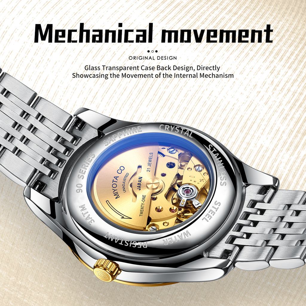 Sollen 9032 Automatic Watch - Men's Sunray Dial Luminous Dot Markers 9-Bead Stainless Steel Bracelet Wristwatch