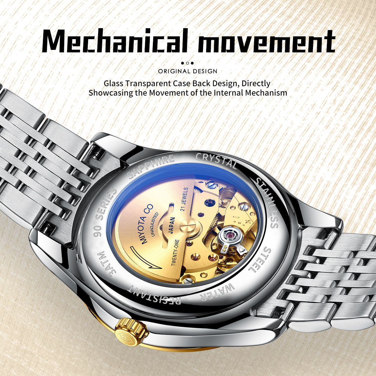 Sollen 9032 Automatic Watch - Men's Sunray Dial Luminous Dot Markers 9-Bead Stainless Steel Bracelet Wristwatch