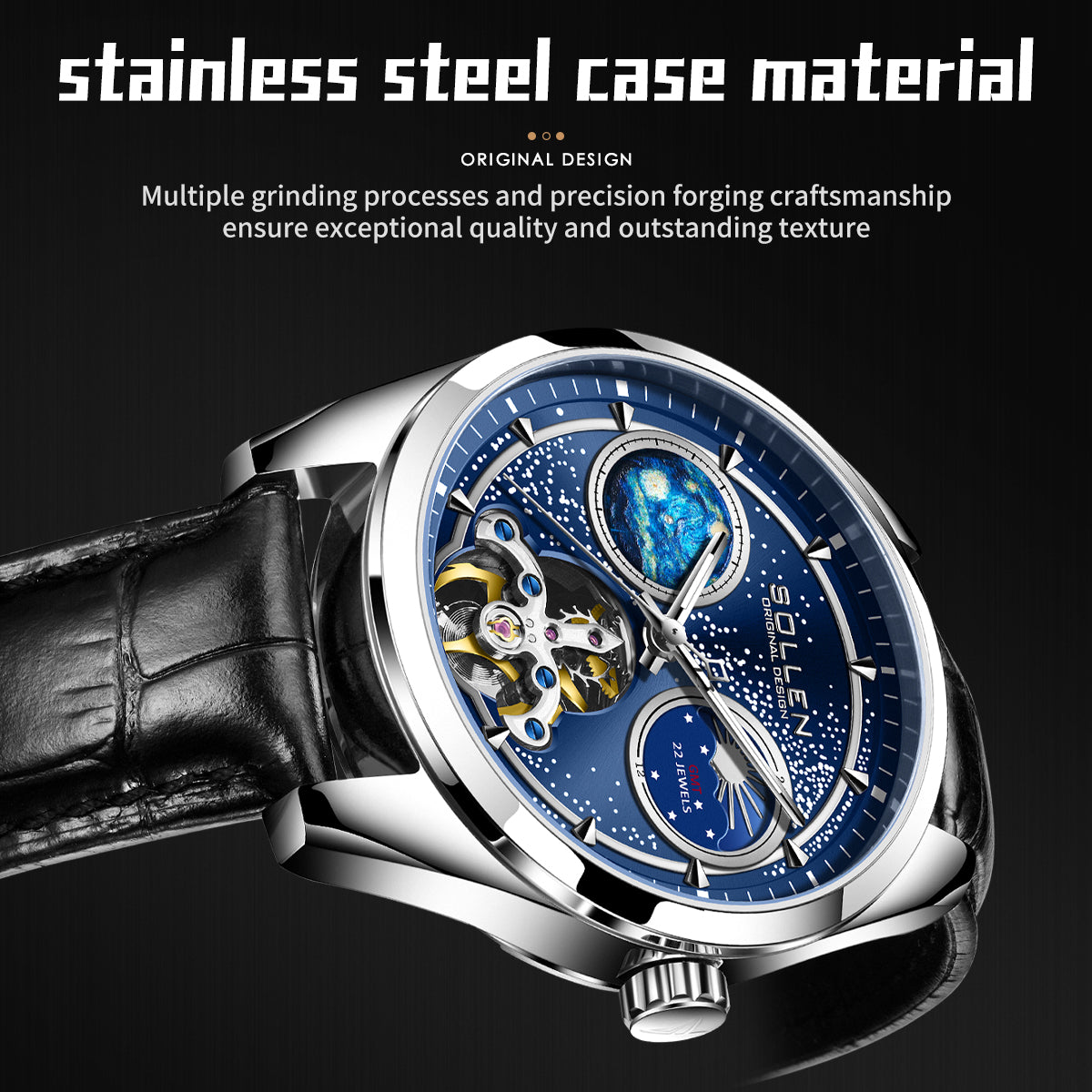 Sollen SL332 Men's Open Heart Automatic Mechanical Watch - 41mm Stainless Steel Case Sapphire Crystal Moon Phase Dual Time Leather Strap Wristwatch