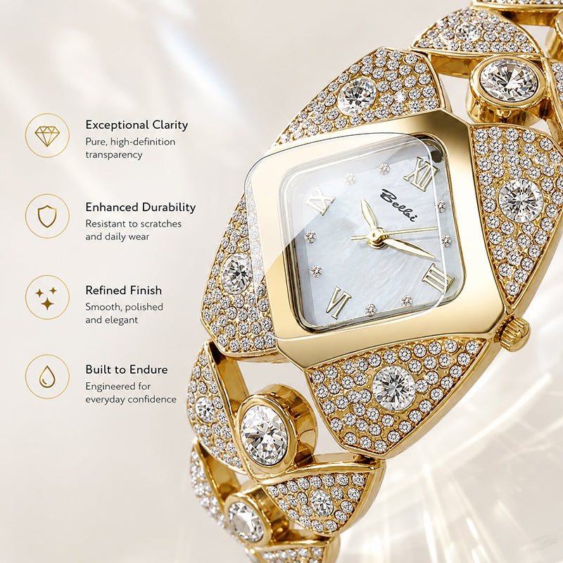 BELBI BL8113 Quartz Watch - Live Edition Women's Luxury Full IPG Gold Crystal Pavé Ornate Shield Case Mother-of-Pearl Dial Jewelry Bracelet Wristwatch