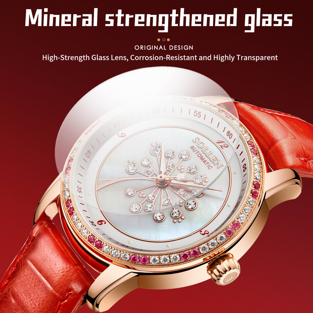 Sollen SL408 Women's Dandelion Skeleton Automatic Watch - 35mm Crystal Bezel Mother of Pearl Dial Leather Strap Wristwatch