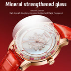 Sollen SL408 Women's Dandelion Skeleton Automatic Watch - 35mm Crystal Bezel Mother of Pearl Dial Leather Strap Wristwatch