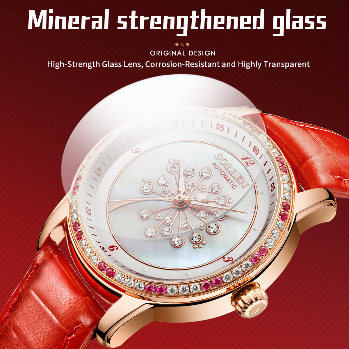 Sollen SL408 Women's Dandelion Skeleton Automatic Watch - 35mm Crystal Bezel Mother of Pearl Dial Leather Strap Wristwatch