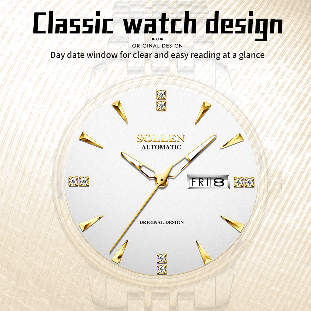 Sollen 9052 Automatic Watch - Men's Dress 8 Crystal Accent 8 Faceted Marker 7-Bead Stainless Steel Bracelet Wristwatch