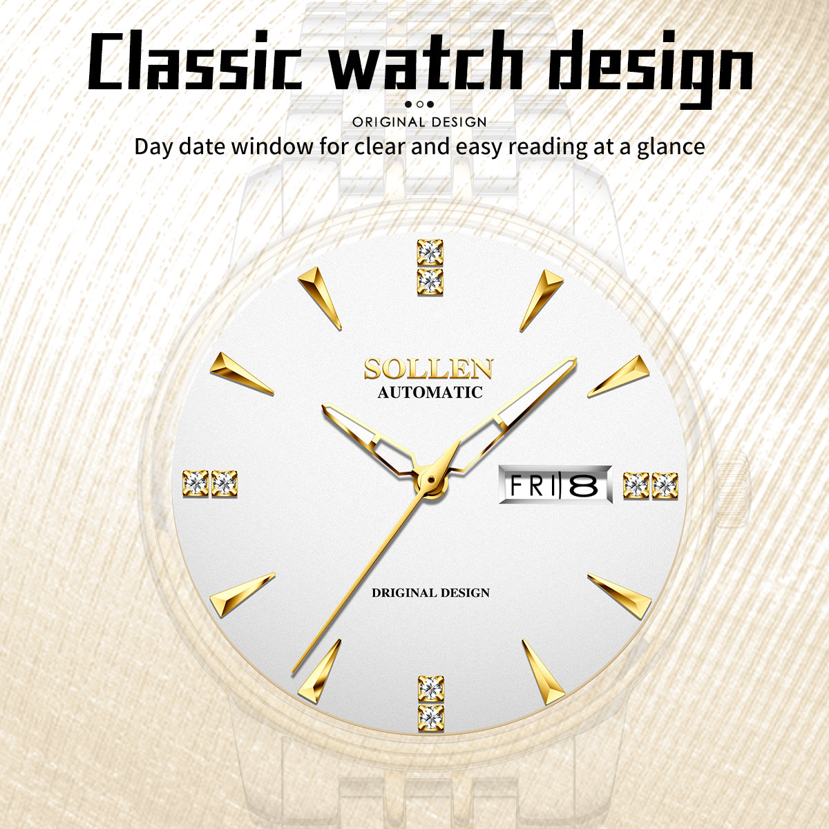 Sollen 9052 Automatic Watch - Men's Dress 8 Crystal Accent 8 Faceted Marker 7-Bead Stainless Steel Bracelet Wristwatch