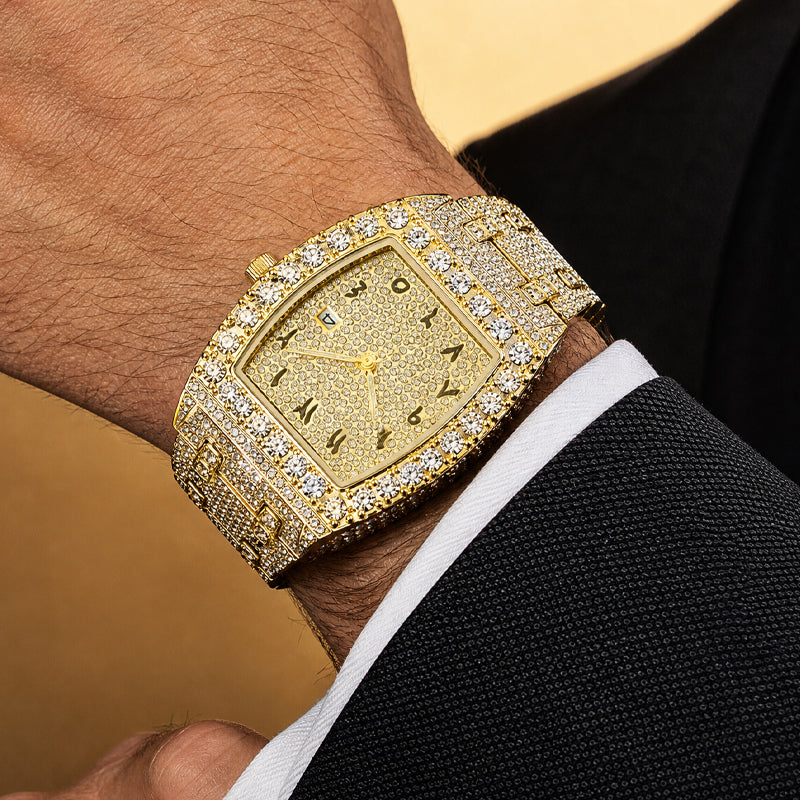 MISSFOX V386 Live Edition Men's Iced Out Watch - Luxury Large Crystal Bezel Tonneau Case Arabic Numerals Pave Gold Dial Date Window Metal Band Hiphop Wristwatch