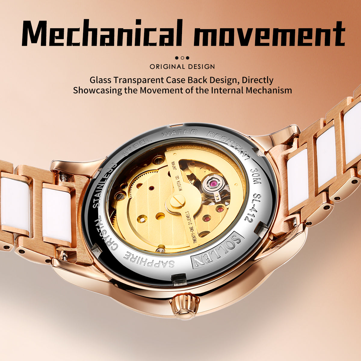 Sollen SL412 Women's Skeleton Automatic Watch - 36.5mm Crystal Bezel Sapphire Crystal Miyota 82S0 Ceramic Bracelet Wristwatch