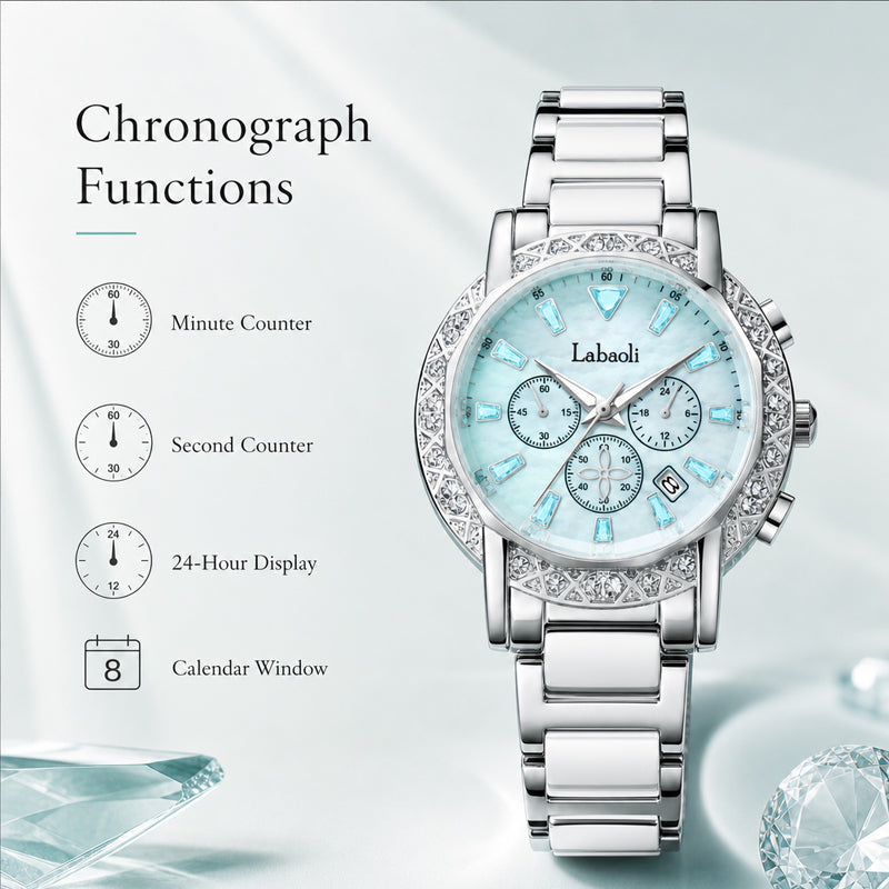 Labaoli LA559 Quartz Watch - Live Edition Women's Luxury 37mm Crystal-Encrusted Bezel Diamond-Cut Lens Chronograph Style Dial Slanted Date Two-Tone Link Bracelet Wristwatch