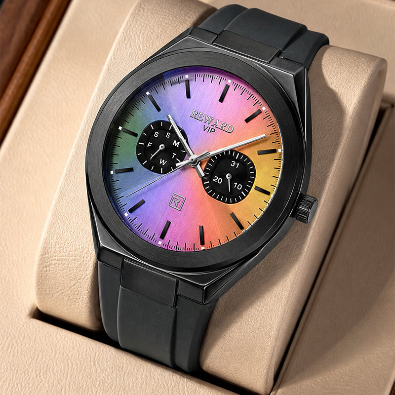 REWARD RD 932106M Quartz Watch - Live Edition Men's Ultra-Slim 8.7mm Case Dual Calendar Sub-Dials Luminous Hands Gradient Rainbow Dial Sport Silicone Strap Wristwatch
