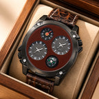 Oulm HP9139 Quartz Watch - Live Edition Men's Heavy Steampunk Dual Time Zone Industrial Black Case Luminous Hands Compass Leather Strap Tactical Wristwatch
