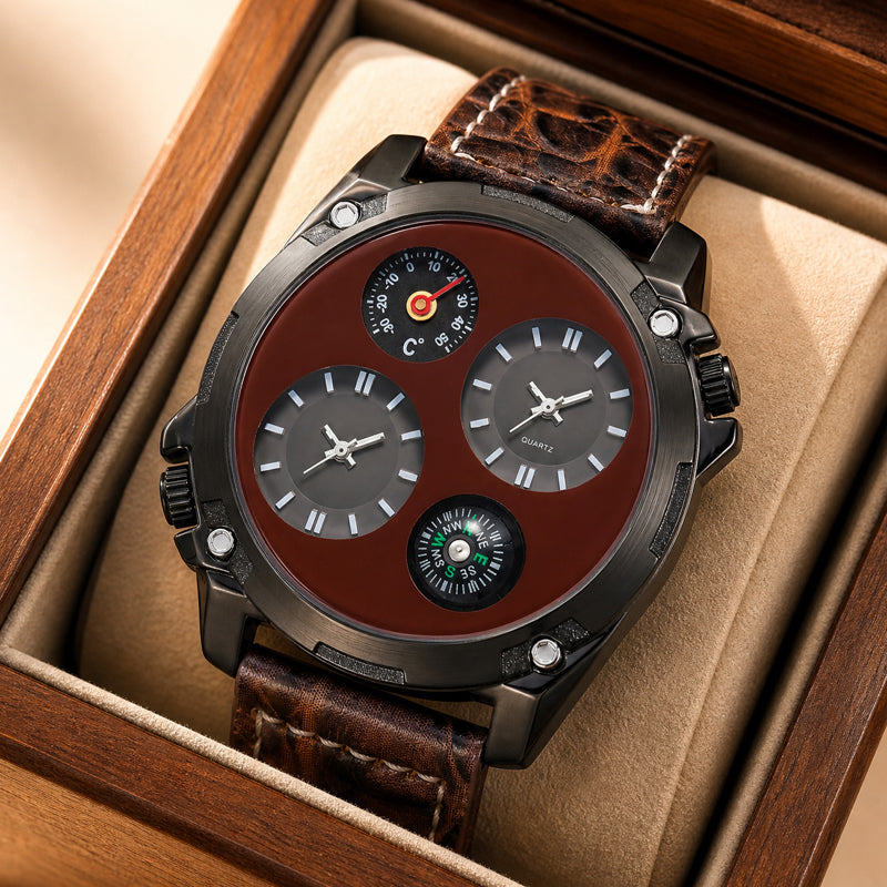 Oulm HP9139 Quartz Watch - Live Edition Men's Heavy Steampunk Dual Time Zone Industrial Black Case Luminous Hands Compass Leather Strap Tactical Wristwatch