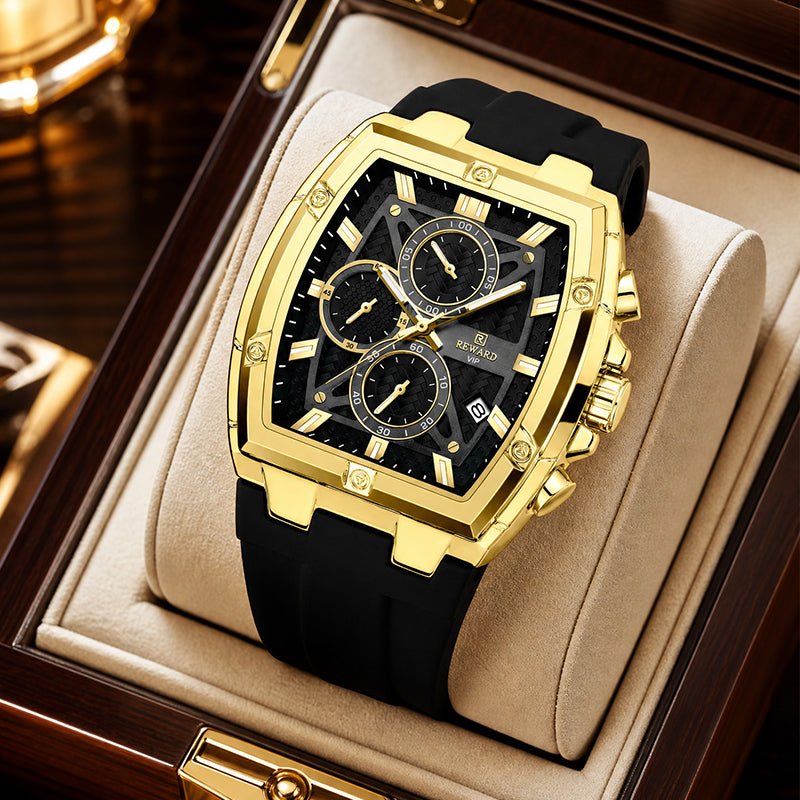 REWARD RD 832261M Live Edition Men's Luxury Sport Watch - Chronograph 6-Hand Multi Function Tonneau Armor Case Date Window Silicone Strap Wristwatch