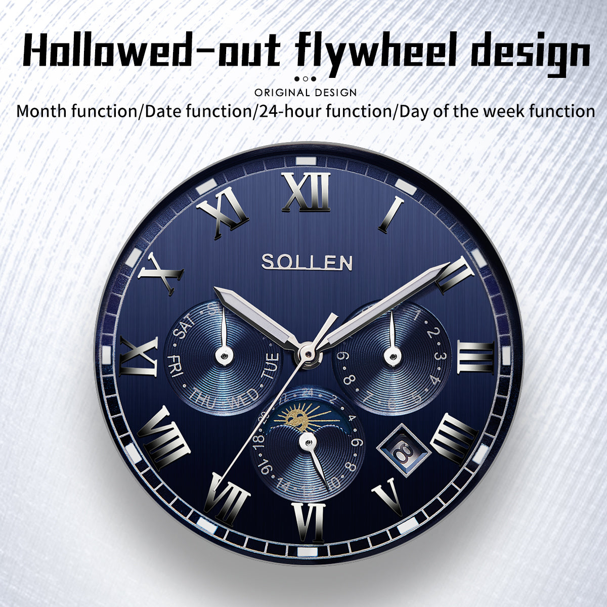 Sollen SL801 Chronograph Watch - Men's Multi-Function Moonphase Sunburst Dial 7-Bead Stainless Steel Bracelet Wristwatch