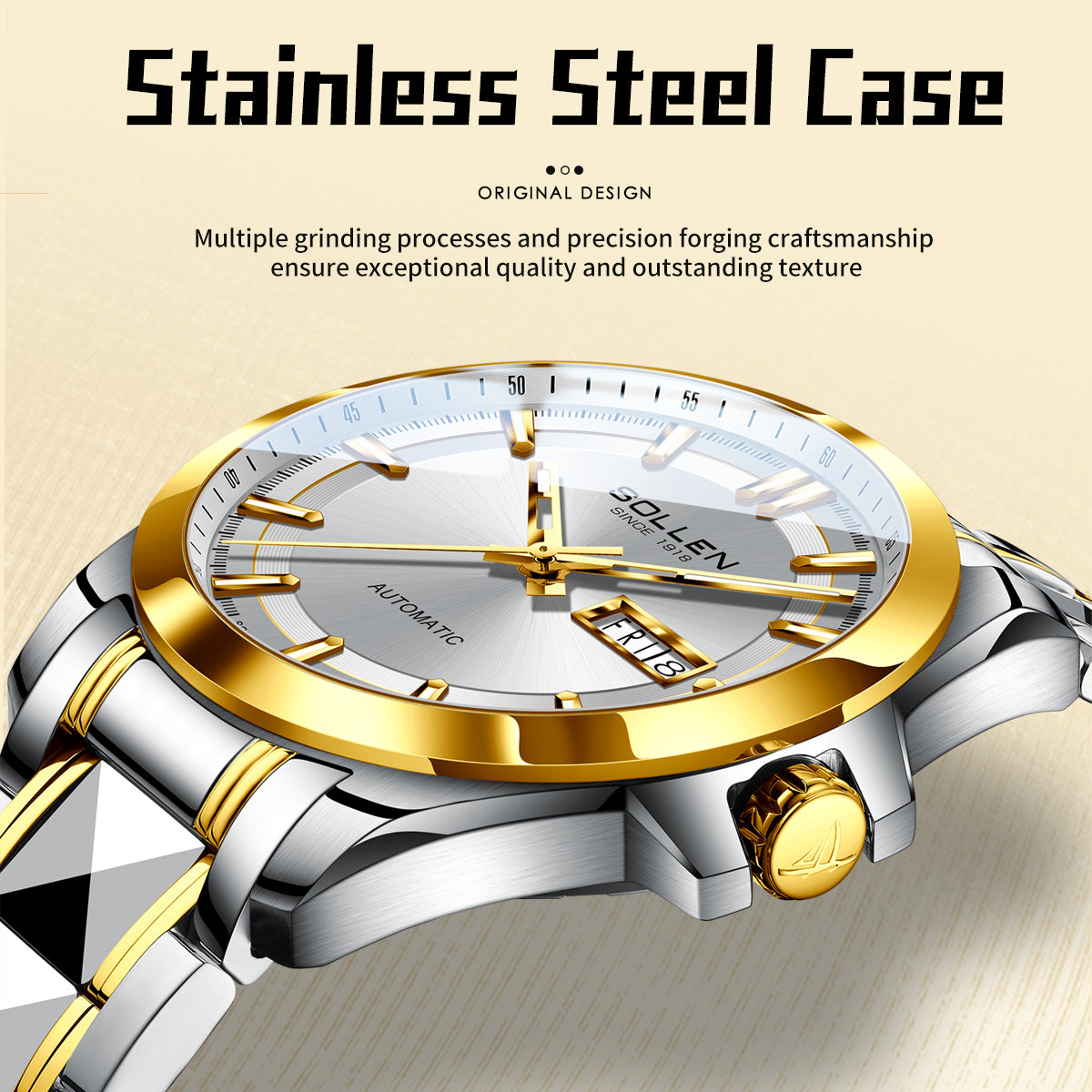 Sollen 9085 Automatic Watch - Men's Dress Citizen 8205 Sunray Dial Day Date 13 Luminous Marker 7-Bead Steel Bracelet Wristwatch