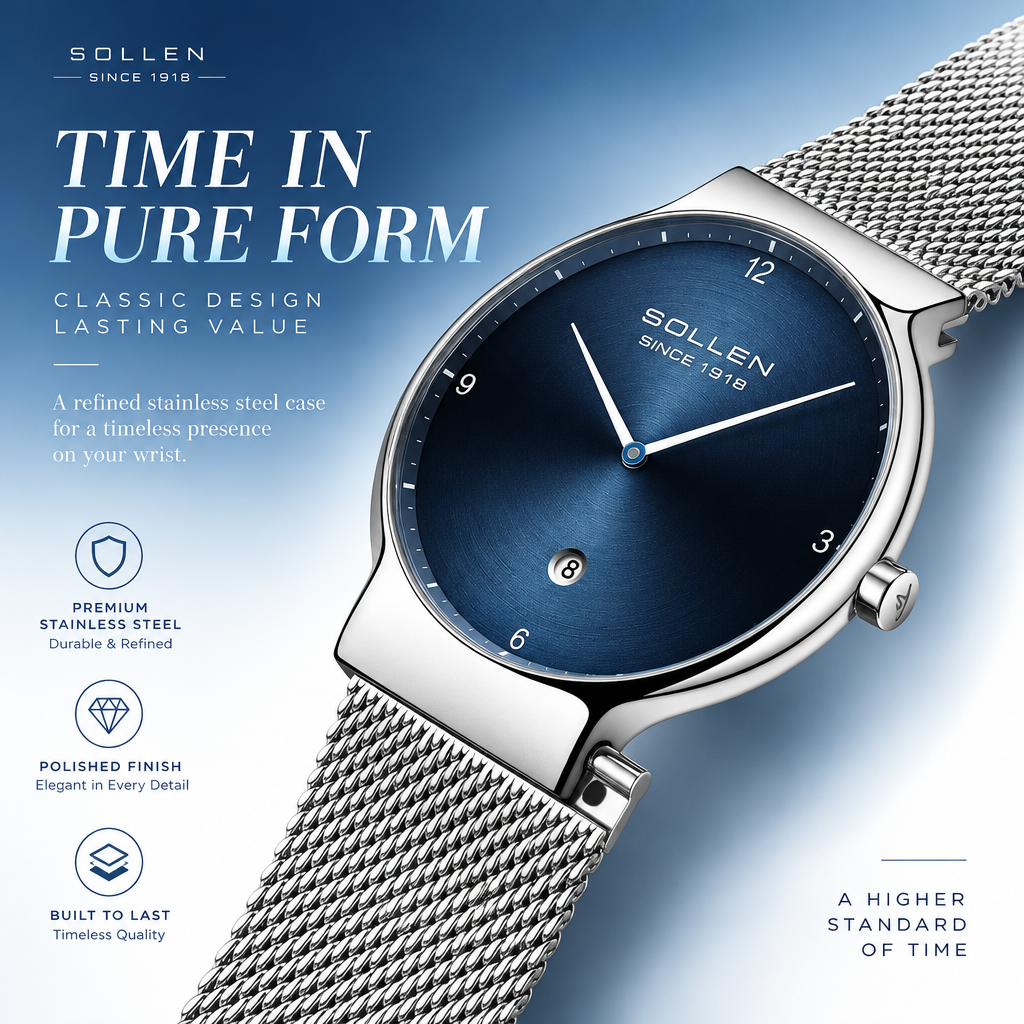 Sollen 9015 Series Quartz Watch - Men's Ultra-Thin Minimalist Dial Slim Profile Stainless Steel Mesh Strap Wristwatch