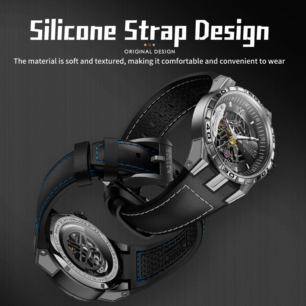 Sollen SL357 Men's Skeleton Automatic Mechanical Watch - 43mm 316L Stainless Steel Case Sapphire Crystal Multi-Layer Dial Leather-Pattern Silicone Strap Wristwatch