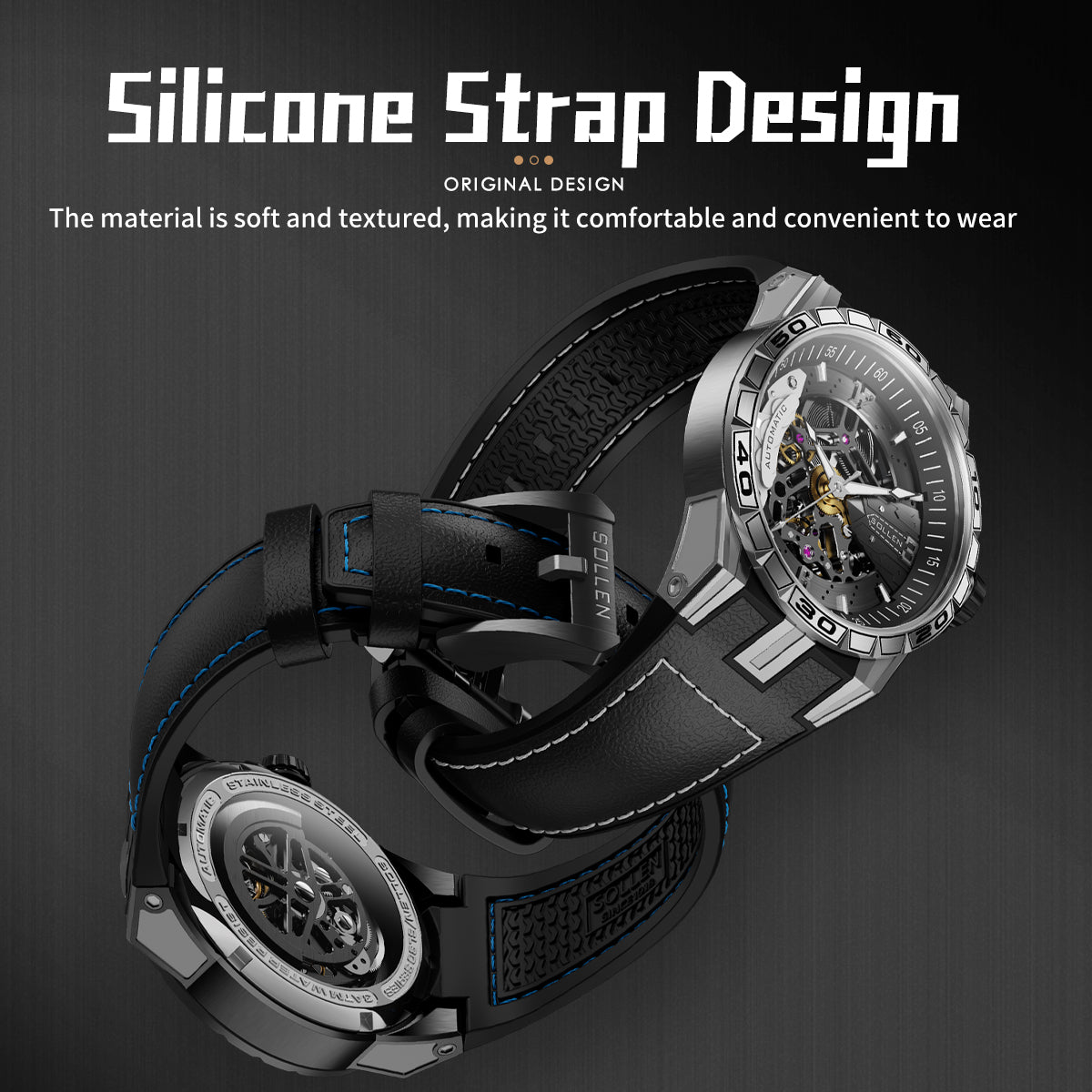 Sollen SL357 Men's Skeleton Automatic Mechanical Watch - 43mm 316L Stainless Steel Case Sapphire Crystal Multi-Layer Dial Leather-Pattern Silicone Strap Wristwatch