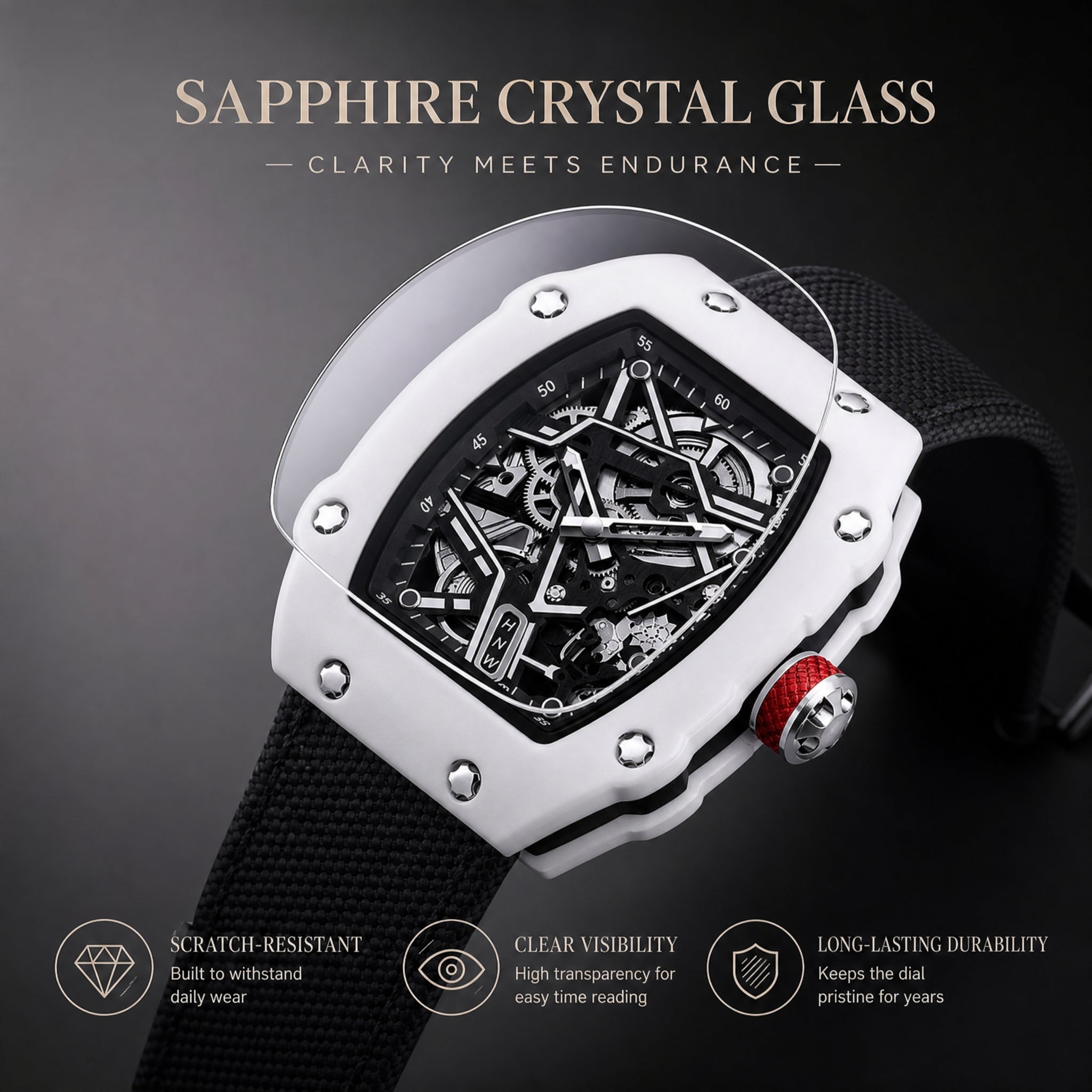 JEMSDUN JSD915 Live Edition Unisex High-Street Tonneau Quartz Watch - 38x48mm Carbon Pattern Case Mechanical Skeleton Dial Hook-and-Loop Nylon Strap Wristwatch