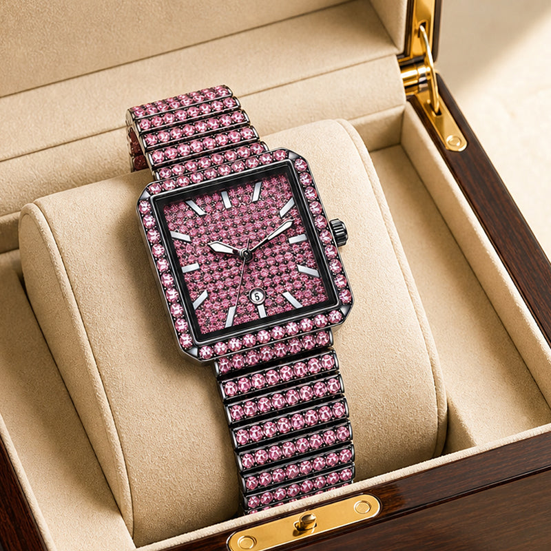 KDW KDW2410 Quartz Watch - Live Edition Luxury Full IPG Gold Crystal Pavé Square Case Iced-Out 20mm Link Bracelet Wristwatch
