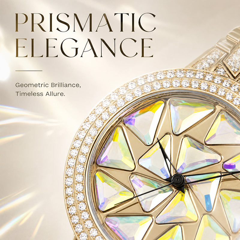 BELBI BELBL-9188 Live Edition Women's Fashion Watch - Luxury Full Crystals Encrusted Bezel Creative Geometric Prism Mosaic Dial Metal Band Wristwatch