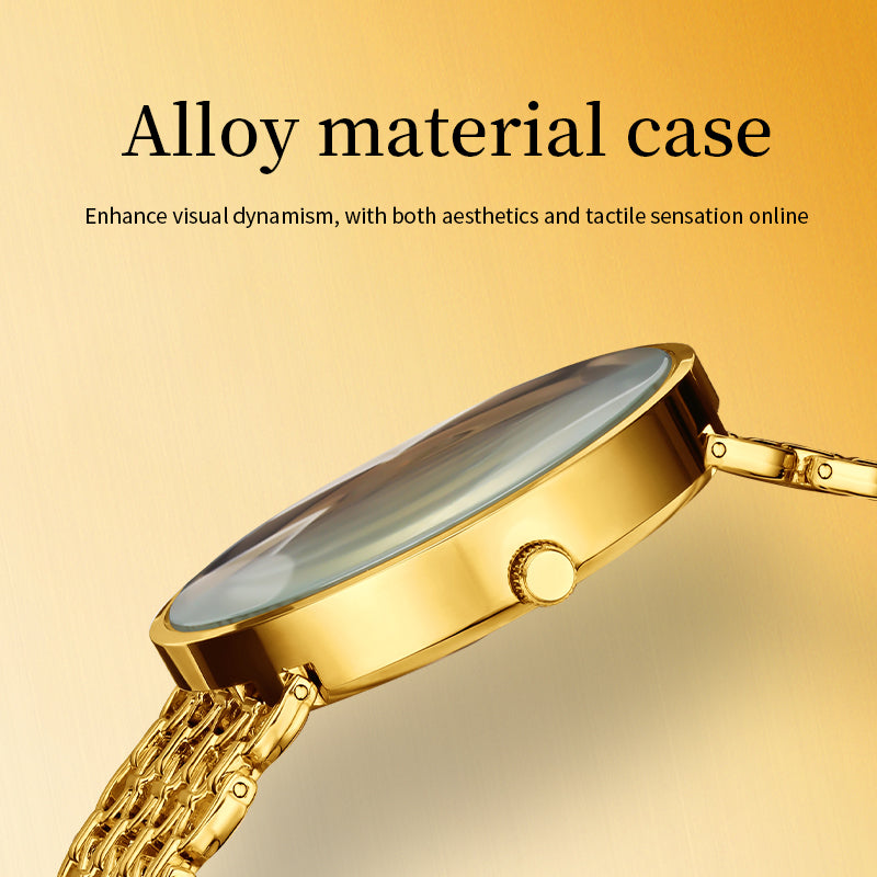LX-1016 Quartz Watch - Live Edition Unisex Modern 40mm Ultra-Slim 8mm Case Faceted Cut Lens Full IPG Gold Plating Luxury 26mm Woven-Link Bracelet Timepiece
