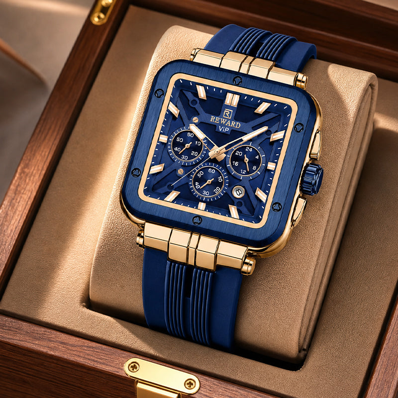 REWARD RD 833569M Quartz Watch - Live Edition Men's Luxury Bold Square Case Full Chronograph Luminous Hands Date Window Sport Silicone Strap Wristwatch