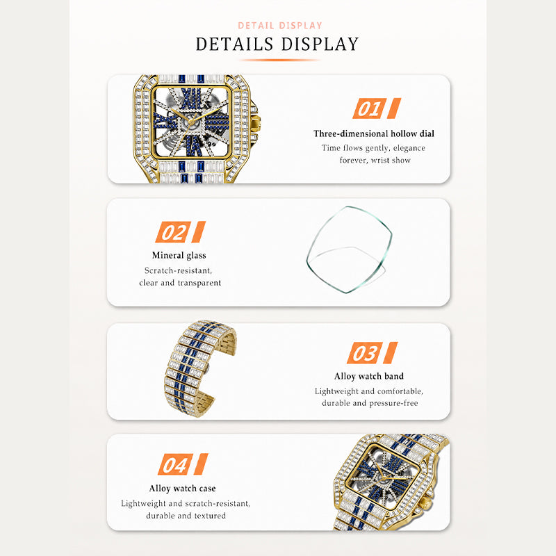 PRECIOUS 8208 Live Edition Men's Iced Out Watch - Luxury Baguette Crystals Encrusted Square Case Fully Skeleton See Through Dial Metal Band Hiphop Wristwatch