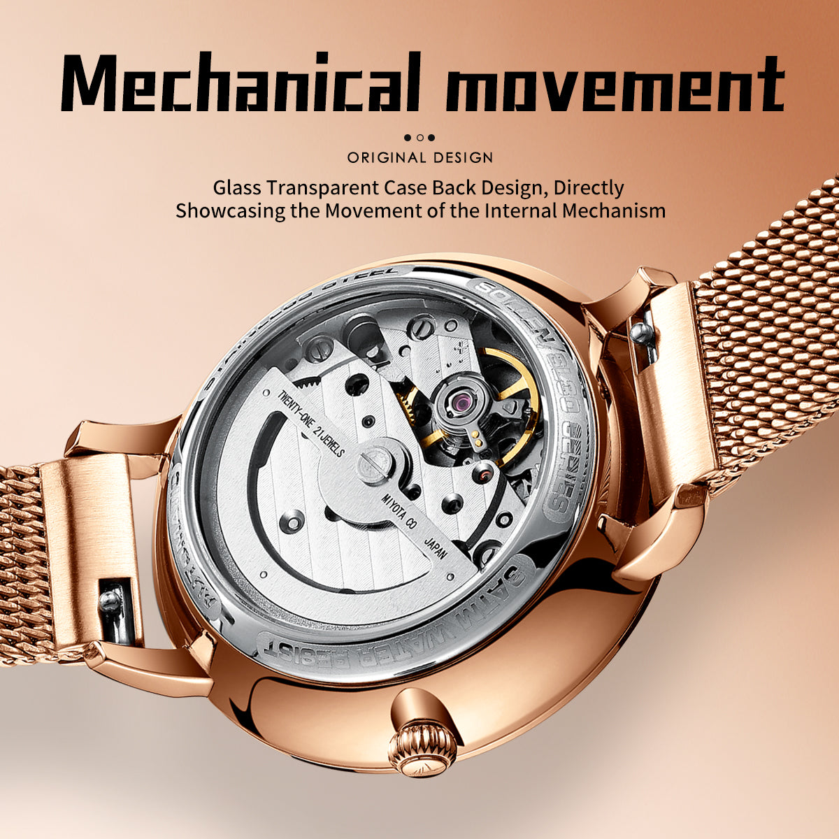 Sollen SL418 Women's Open Heart Automatic Mechanical Watch - 36mm Stainless Steel Case Slim 9.9mm Small Seconds Mesh Bracelet Wristwatch