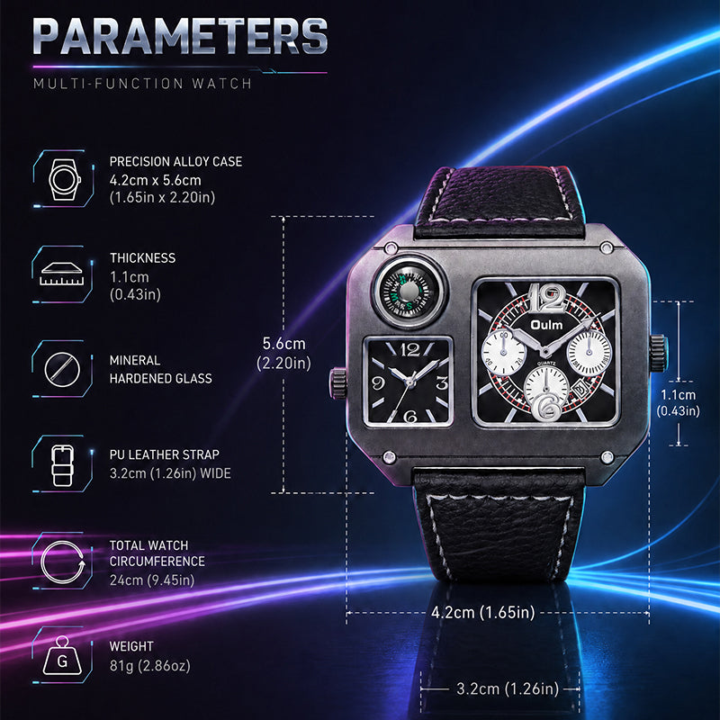 Oulm HP9150 Quartz Watch - Live Edition Men's Heavy Steampunk Dual Time Zone Industrial Black Case Luminous Hands Compass Wide Leather Strap Tactical Wristwatch