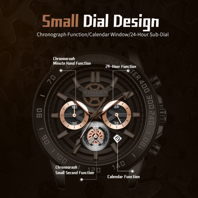 Sollen SL722 Chronograph Watch - Men's All-Black Case Multi-Function Stainless Steel Link Bracelet Wristwatch