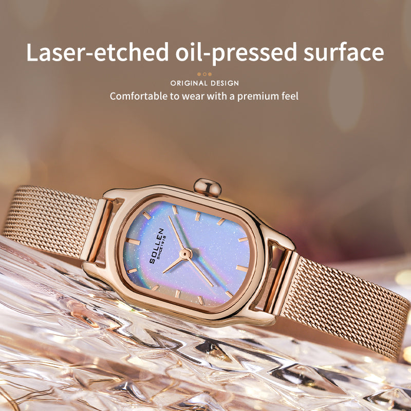 Sollen SL425 Women's Oval Holographic Quartz Watch - 20x26mm Rainbow Dial Rose Gold Mesh Bracelet Wristwatch