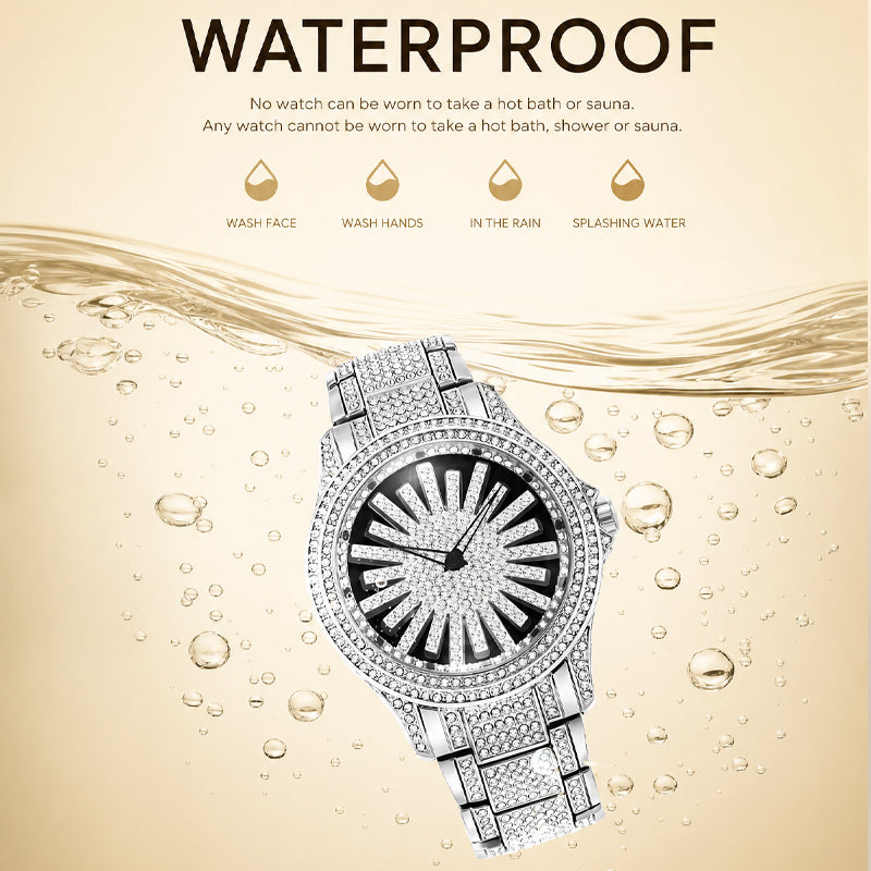 LOOK WORLD RKS1006 Live Edition Men's Iced Out Watch - Luxury Full Crystals Encrusted Bold Case Creative Spinning Sunburst Dial Metal Band Hiphop Wristwatch