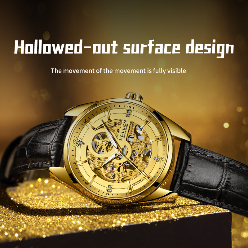 Sollen SL610 Automatic Watch - Men's All-Gold Case Double-Sided Engraved Skeleton Dial Premium Leather Strap Wristwatch